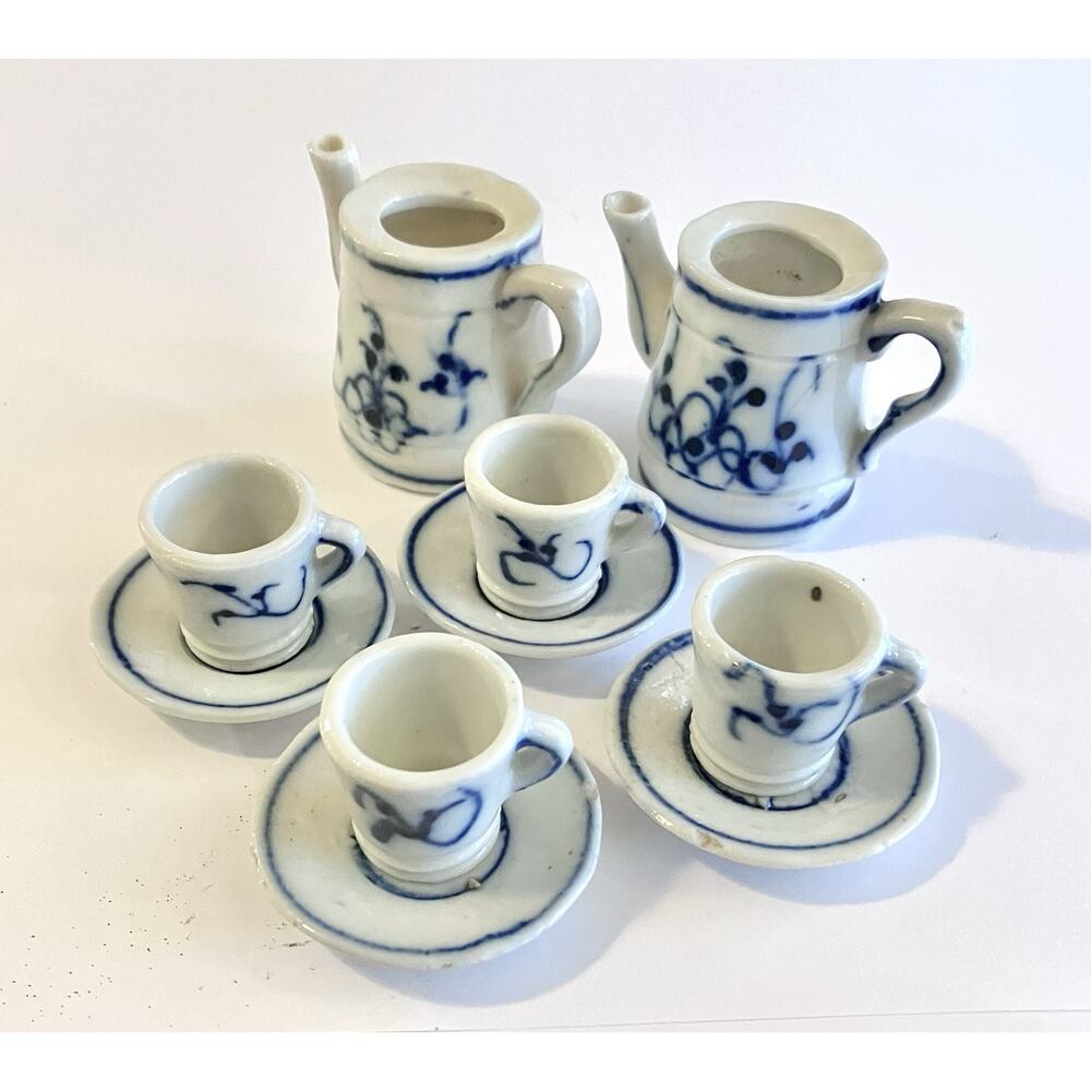 Antique German Blue Onion Tea Set Miniature Dollhouse Porcelain Blue White 1800s